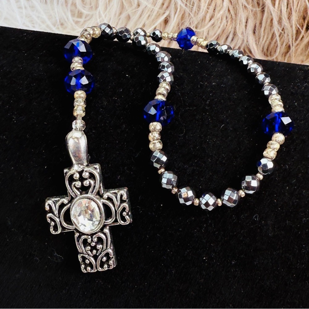 Rosary blue clear crystal faceted beads, decorative silvertone cross pendant
